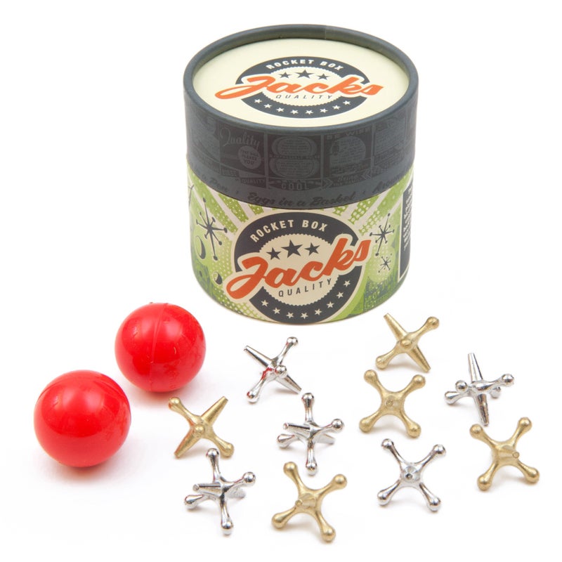 Rocket Box Jacks Game: Retro Toys, Vintage, Classic Games of Jacks, Gold and Silver Toned Jax, Two Red Bouncy Balls, Fun Toys for Kids and Adults of All Ages. Family Board Games Night. Travel Size. - Image 1